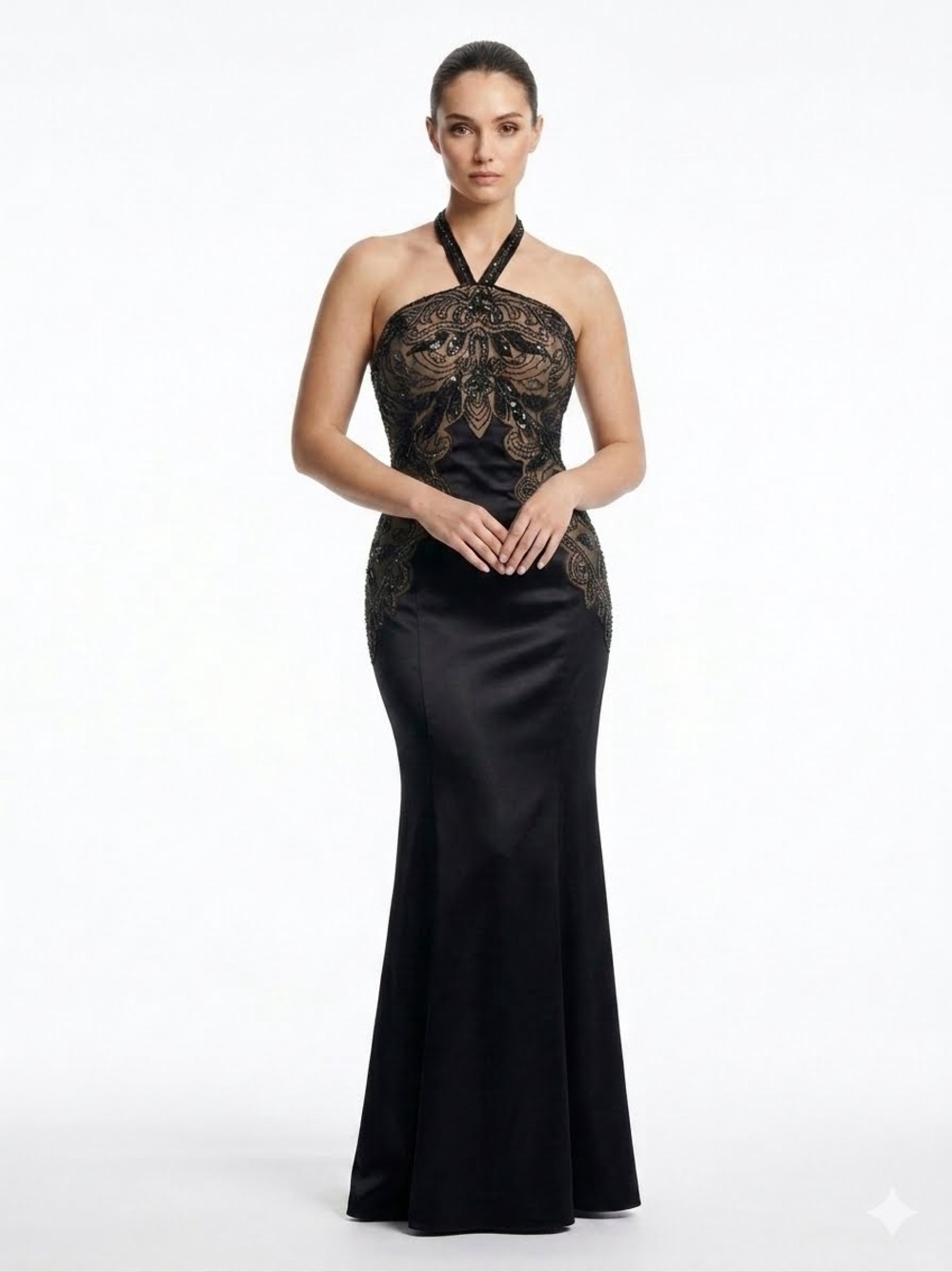 Vintage Y2K Sue Wong Nocturne Beaded
Halter Evening Gown Black/Nude Satin 12